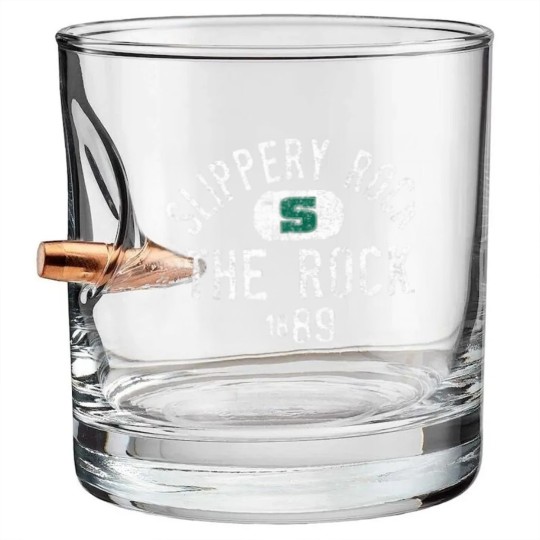 Discover slippery rock he rock vinage 1889 logo officially licensed shir Bullet Whiskey Glasses