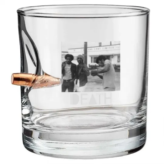 Discover Death - proto-punk band from Detroit White Letters Logo Bullet Whiskey Glasses