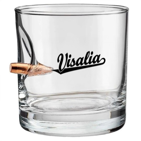 Discover Visalia script logo in black Bullet Whiskey Glasses