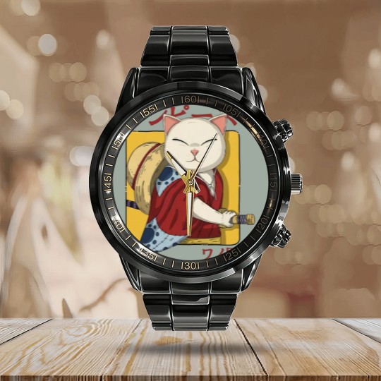 Discover Samurai Neko - Samurai Cat - Calendar Steel Band Watch
