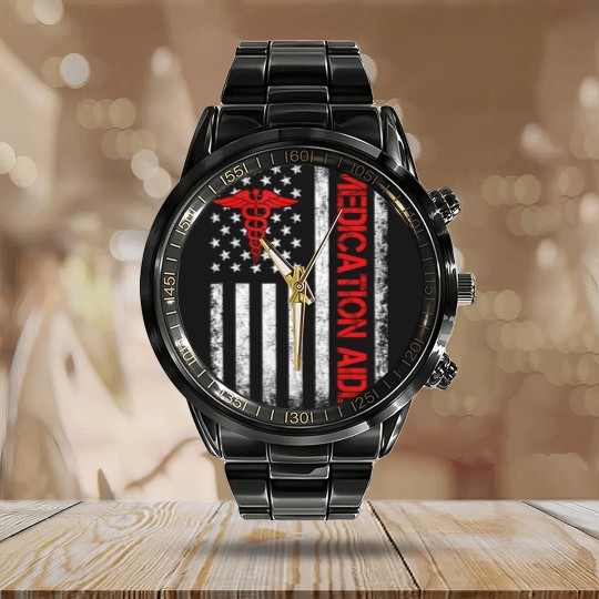 Discover medication aide american flag med aide medication aides Calendar Steel Band Watch