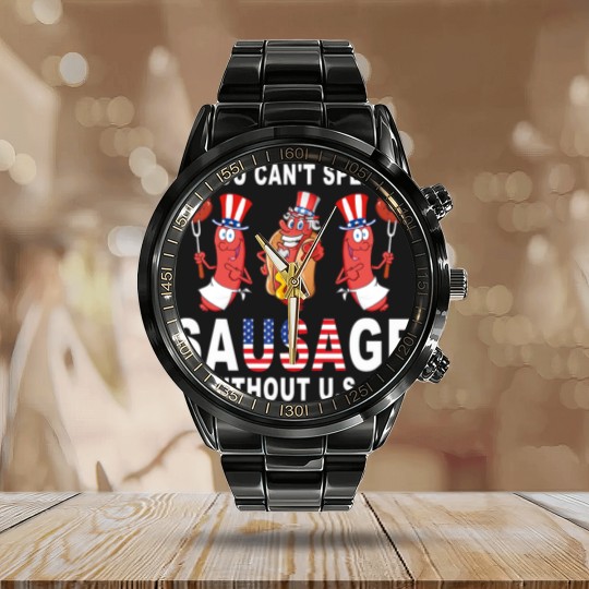 Discover you can spell sausage wihou usa 4h of july american flag shir Calendar Steel Band Watch