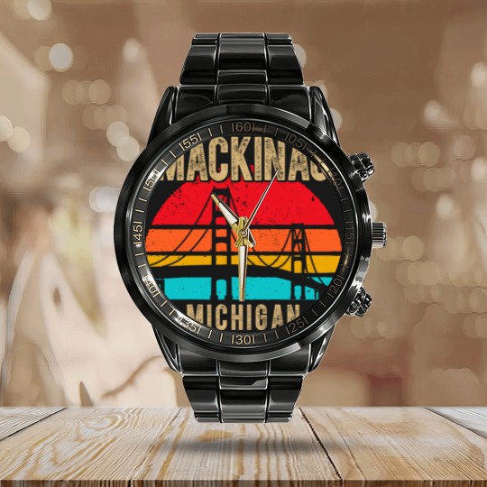 Discover mackinac bridge mackinaw retro vintage michigan souvenir Calendar Steel Band Watch
