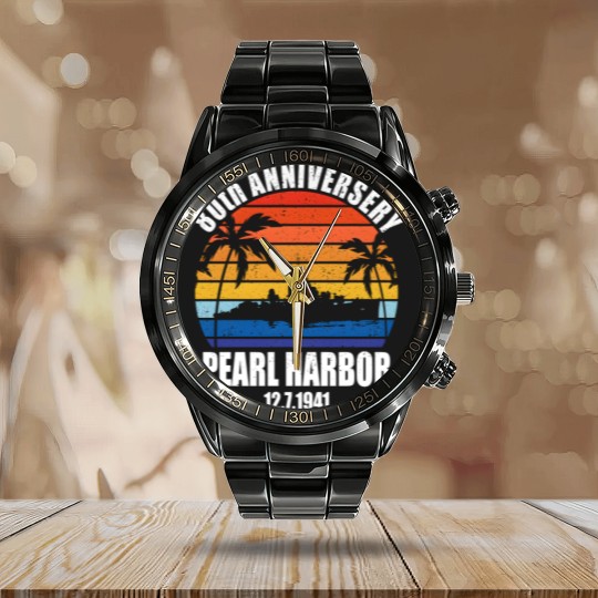 Discover Pearl Harbor Anniversary Sunset Calendar Steel Band Watch