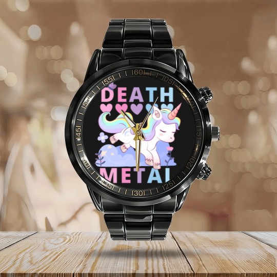 Discover Death Metal Adorable Unicorn rainbow Calendar Steel Band Watch