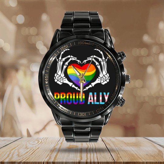 Discover proud ally lgbt transgender flag skeleton heart gay lesbian Calendar Steel Band Watch