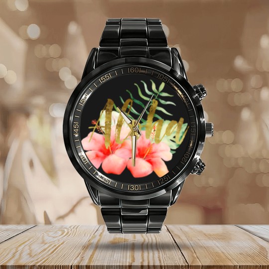 Discover Tropical Leaves Hibiscus Floral Watercolor Aloha Calendar Steel Band Watch