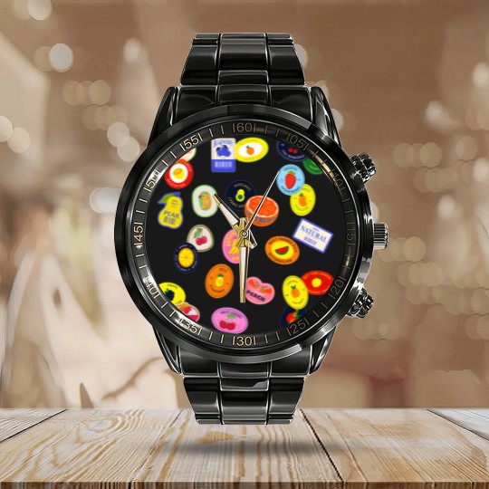 Discover Comfort Colors Fruit Sticker Calendar Steel Band Watch, Summer Graphic Calendar Steel Band Watch