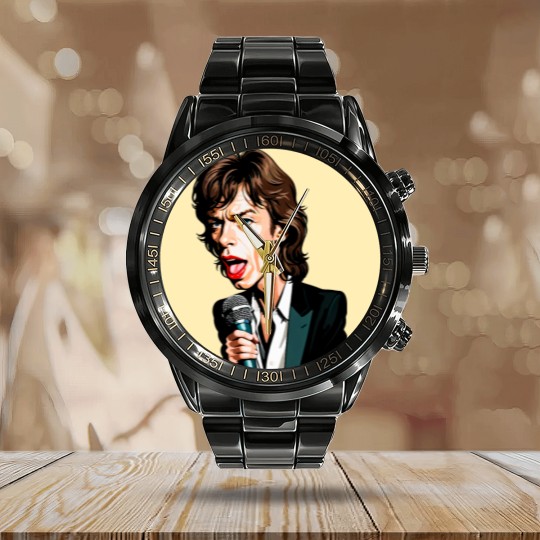 Discover Caricature of Mick Jagger Calendar Steel Band Watch
