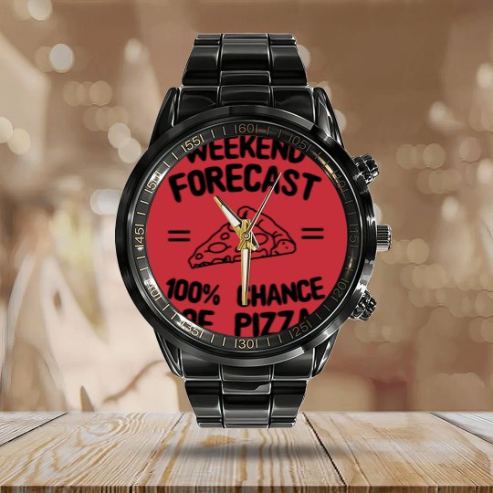 Discover Weekend Forecast 100% Chance of Pizza Calendar Steel Band Watch