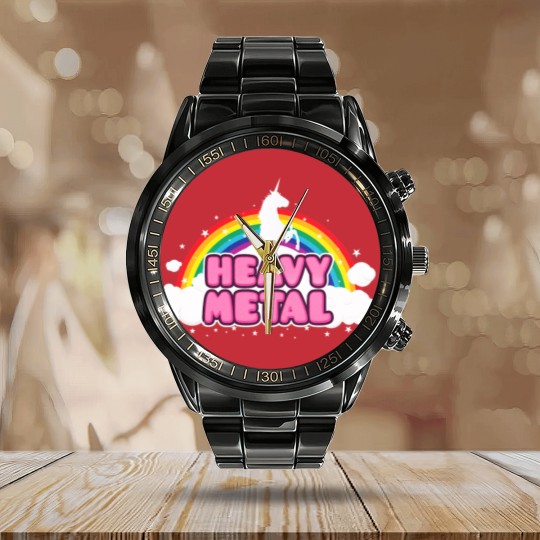 Discover HEAVY METAL! (Funny Unicorn / Rainbow Mosh Parody Calendar Steel Band Watch
