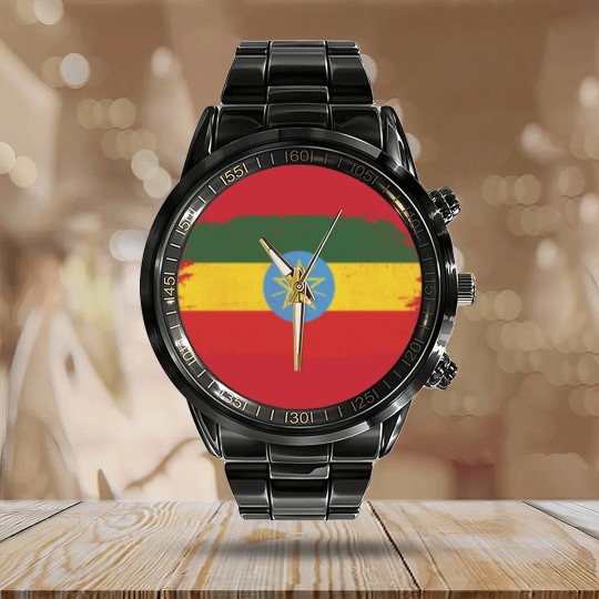 Discover Distressed Ethiopia Flag Design Calendar Steel Band Watch