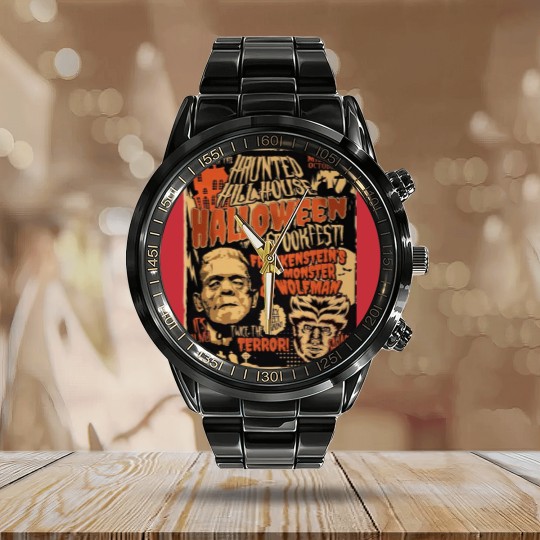 Discover Frankenstein and Wolfman Vintage Retro Halloween , 80's Horror Calendar Steel Band Watch