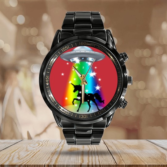 Discover Unicorn Rainbow UFO Alien Pony Space Travel Fable Calendar Steel Band Watch