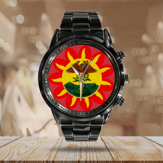 Discover Mexica Flag Calendar Steel Band Watch