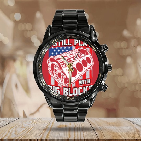 Discover I still play with big blocks - Car Mechanic Enthusiast Gear Calendar Steel Band Watch