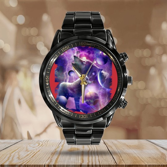 Discover Cosmic Wolf Howling At Moon In SpaceT Calendar Steel Band Watch