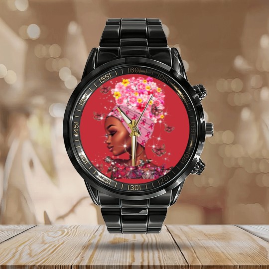 Discover In October We Wear Pink Black Woman Breast Cancer Awareness Calendar Steel Band Watch