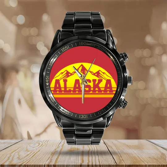 Discover Alaska Vintage Alaska Day Calendar Steel Band Watch