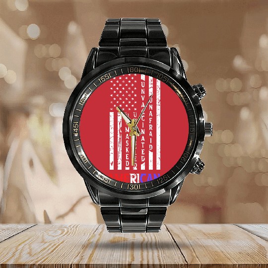 Discover Unmasked Unmuzzled Unvaccinated Unafraid American Flag Fan Calendar Steel Band Watch