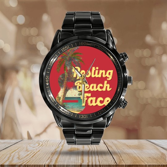 Discover Resting Beach Face Calendar Steel Band Watch Guitar Coconut Tree Tropical