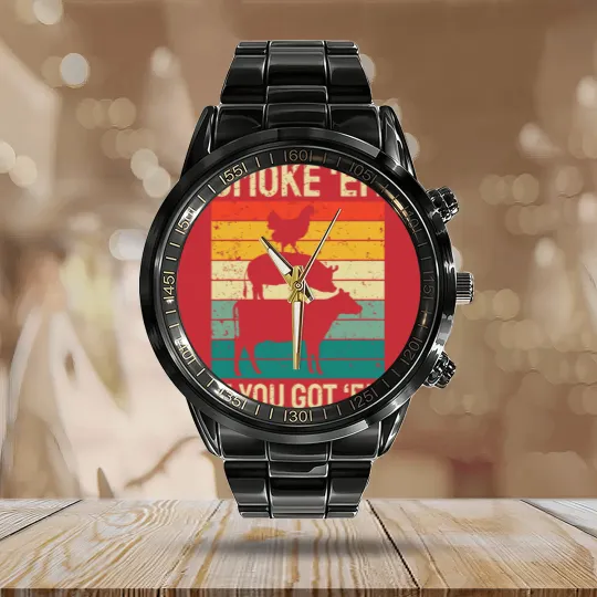 Discover Smoke Em If you Got Em BBQ - Funny Retro Smoking Calendar Steel Band Watch