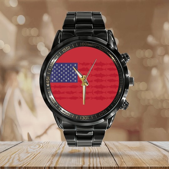 Discover Vintage USA Fish American Flag Calendar Steel Band Watch Fishing Gifts ABS001