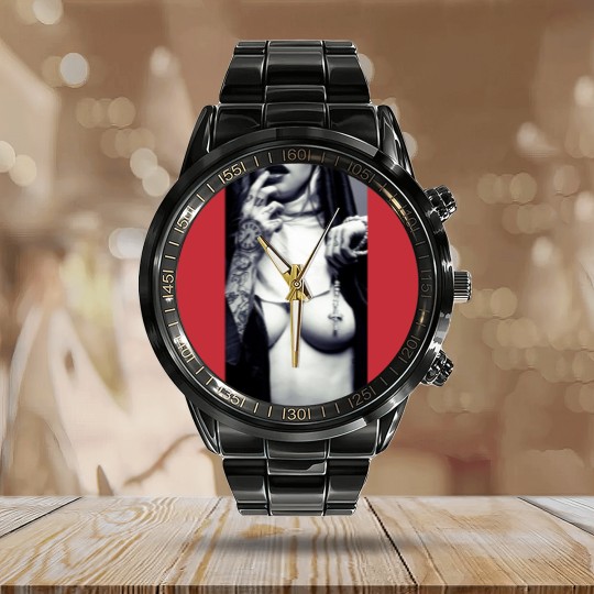 Discover Sexy Nun Calendar Steel Band Watch Cross Tattoo Funny Novelty