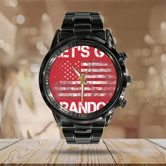 Discover Let's Go Brandon Vintage American Flag Patriotic on back Calendar Steel Band Watch