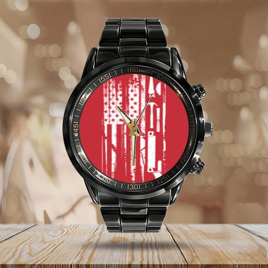 Discover American Flag Woodworking Calendar Steel Band Watch