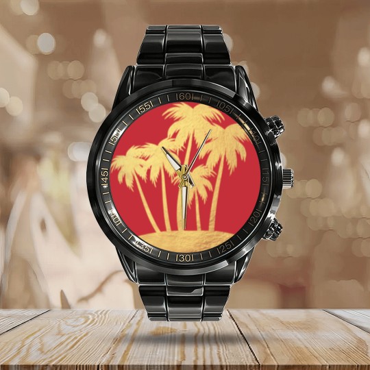 Discover Palm Gold Beach Vacation Island Luxury Summer Sun Calendar Steel Band Watch