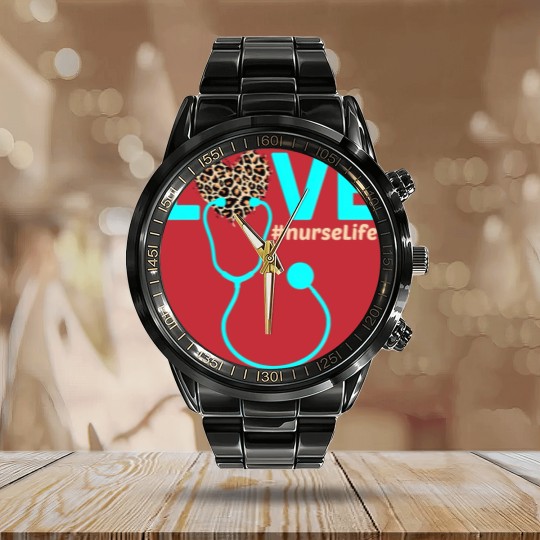 Discover Nurse Life RN LPN CNA Healthcare Cheetah Heart Calendar Steel Band Watch