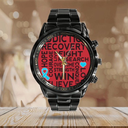 Discover Addiction Recovery Awareness Ribbon - Addiction Recovery Awareness - Calendar Steel Band Watch