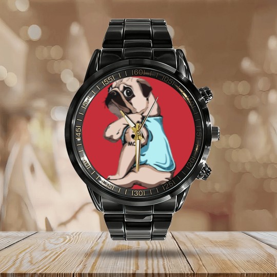 Discover Pug Dog I Love Mom Calendar Steel Band Watch