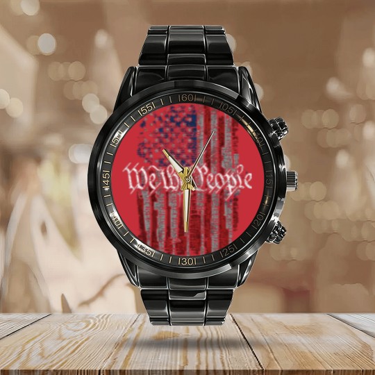 Discover Defending Freedom Collection We The People American Flag Short Sleeve Calendar Steel Band Watch-Black-XL