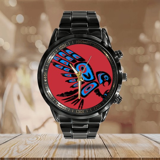 Discover native american red tailed hawk bird Totem tribal Calendar Steel Band Watch