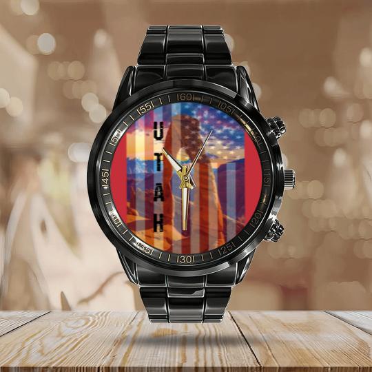 Discover Utah American Flag Calendar Steel Band Watch