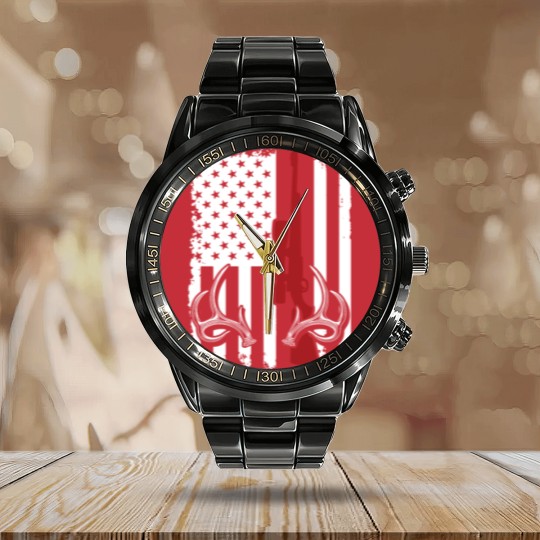 Discover Deer Hunting American Flag Calendar Steel Band Watch