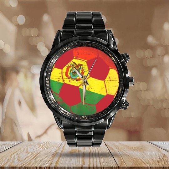 Discover Bolivia Soccer Ball Flag Calendar Steel Band Watch