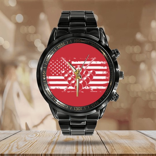 Discover Billiards Pool American Flag Calendar Steel Band Watch