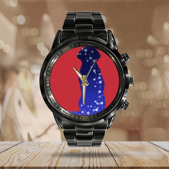 Discover Cosmic dog silhouette in blue with stars Calendar Steel Band Watch