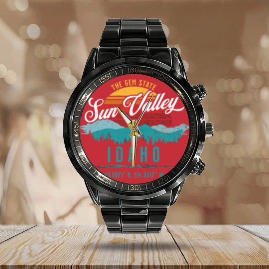 Discover Retro Sun Valley Idaho Vintage Mountains Sun Souve Calendar Steel Band Watch
