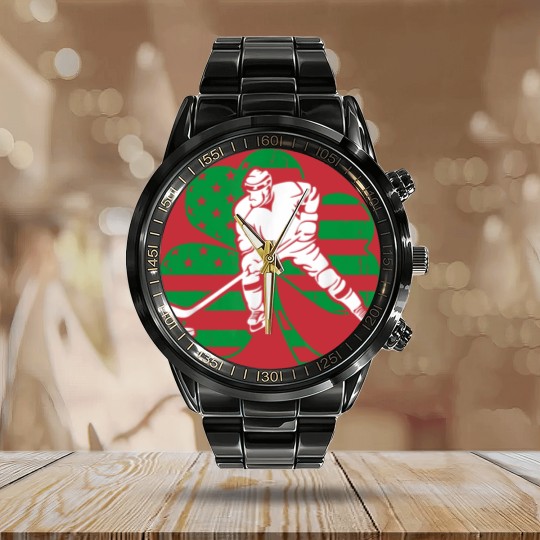 Discover Irish Hockey Player Shamrock St Patrick's Day Calendar Steel Band Watch