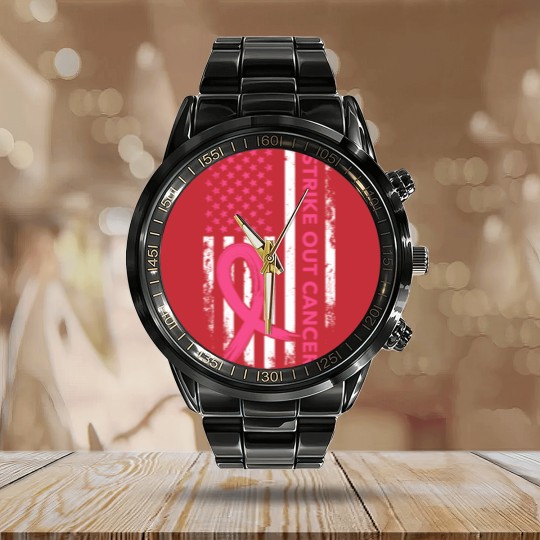 Discover Strike Out Cancer US Flag Calendar Steel Band Watch