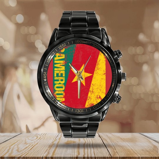 Discover Cameroon Flag Vintage Distressed Calendar Steel Band Watch