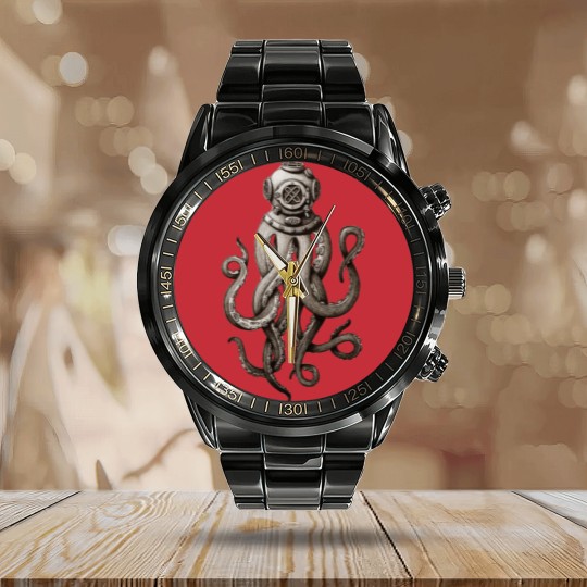 Discover Retro Fashion SCUBA Diver Weird Killer Octopus Calendar Steel Band Watch