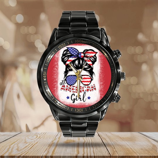Discover All American Girl Bleached Calendar Steel Band Watch Patriotic July 4th Calendar Steel Band Watch