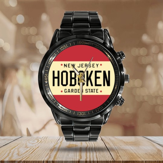 Discover Hoboken New Jersey License Plate Calendar Steel Band Watch