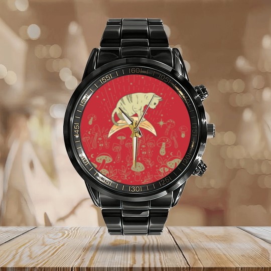 Discover Cottagecore Celestial Boho Mystical Mushrooms Moon Cat Calendar Steel Band Watch