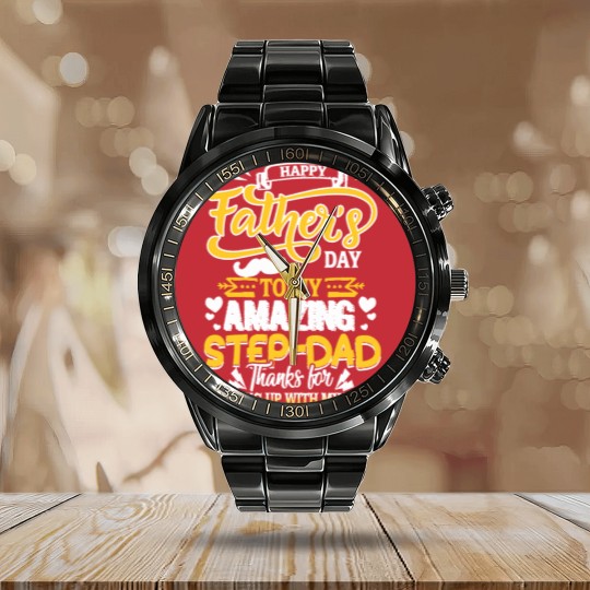 Discover Funny Family Gift To My Dear Amazing Step- Dad Thank For Putting Up With My Mom (1) Calendar Steel Band Watch